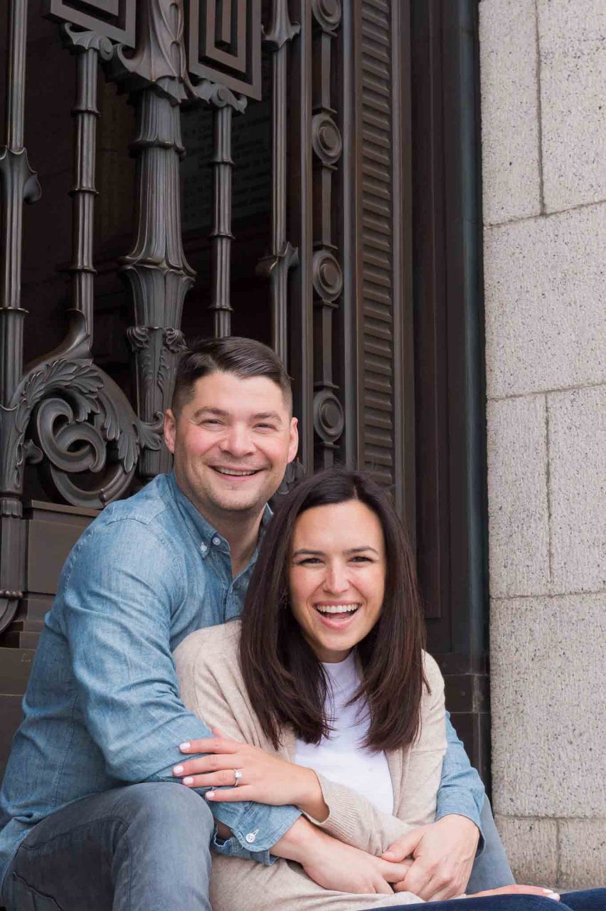 Couple laughing on an engagement shoot in London